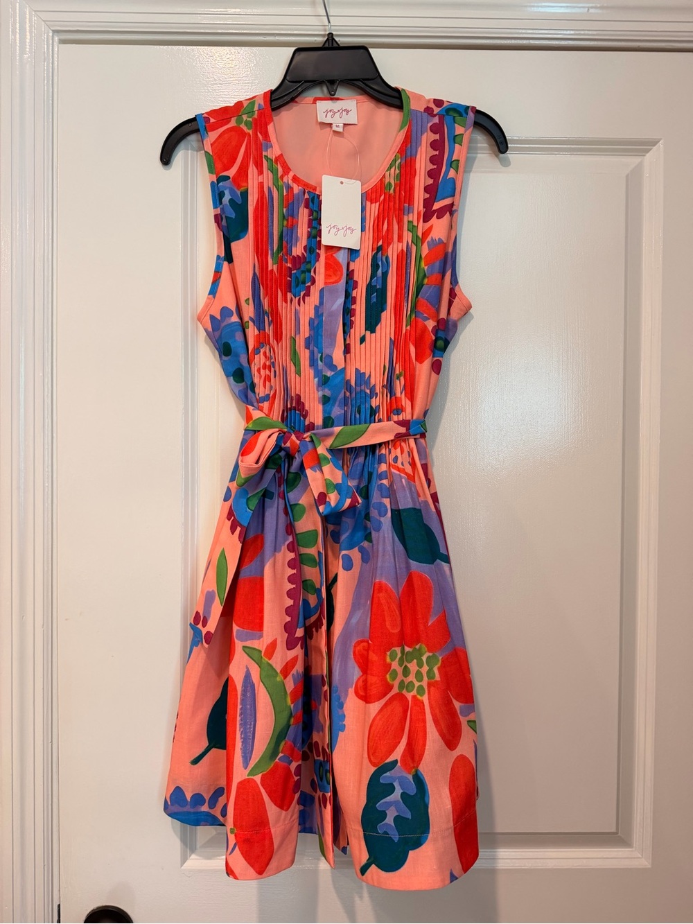 Joy Joy Coral Pink Floral Pleated Tie-Waist Dress